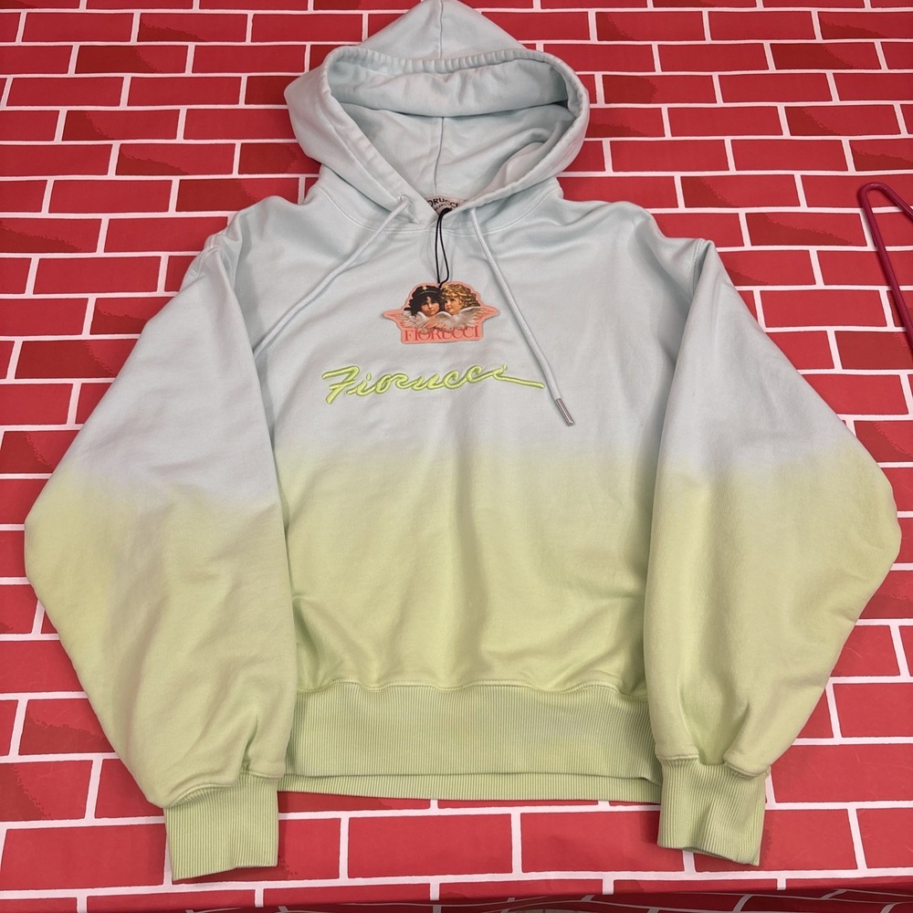 Fiorucci Hoodie Mens M Green Blue Ombre Angel Graphic Fleece Pullover Sweatshirt
